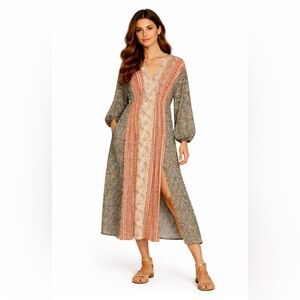 GIGIO Boho Patchwork Midi Dress Floral Cheetah Tribal Print Rayon Size Medium